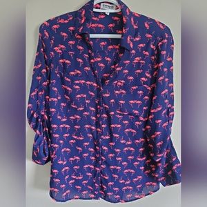 EXPRESS Womens CONVERTIBLE SLEEVE TOP S Flamingos SHIRT Small BUTTON FRONT